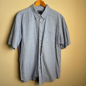 Haggar Men's LINEN Blend Chambray Short Sleeve Button Up Shirt Blue Size X-Large